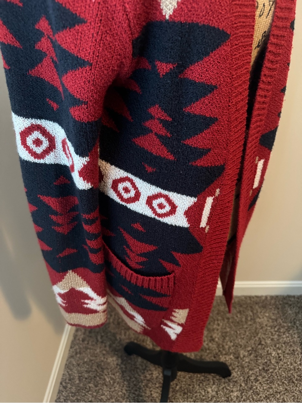 Open-Front Red Aztec Patterned Cardigan - Picture 2 of 4